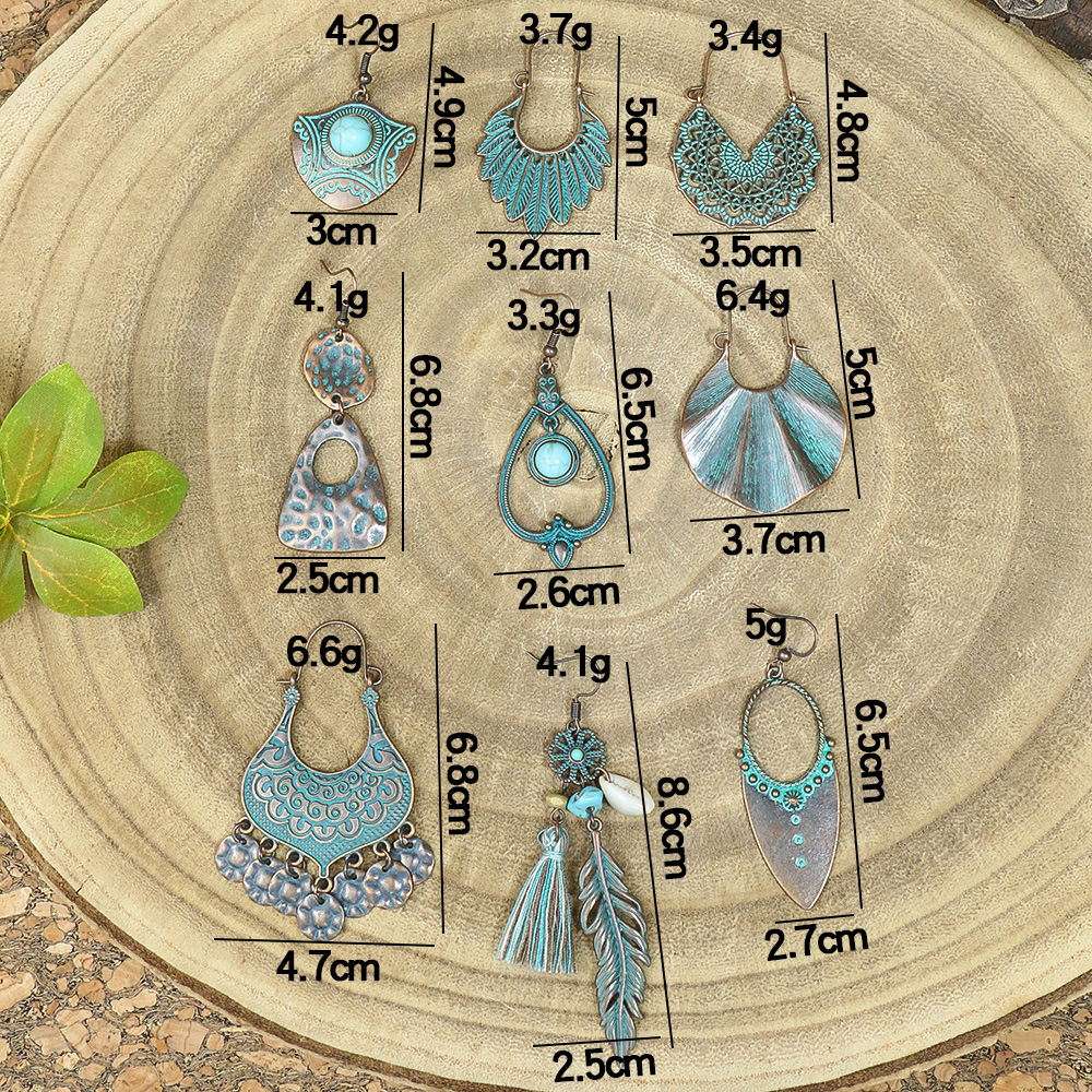 10g Weight 1 Pair Hip-Hop Retro Leaf Inlay Alloy Turquoise Drop Earrings