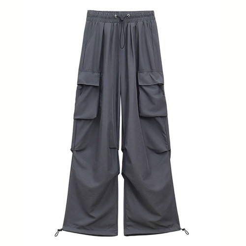 Wholesale gray women's autumn new high-waist parachute pants, leisure wide-leg pants, quick-drying American sports pants