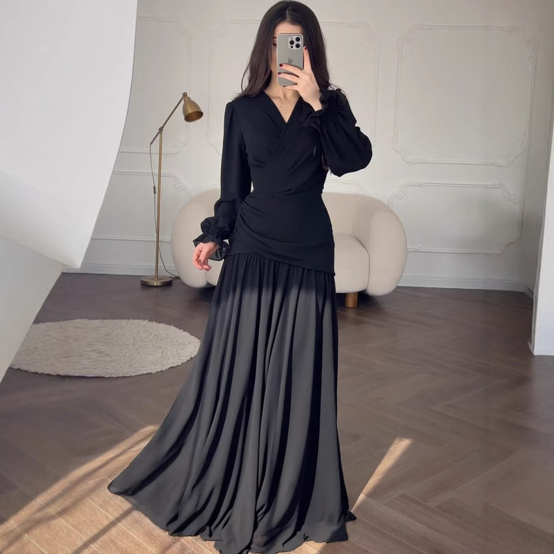 2025 Cross-Border European and American Women's Amazon Design European and American Style New Chiffon Black Dress Spring Burgundy