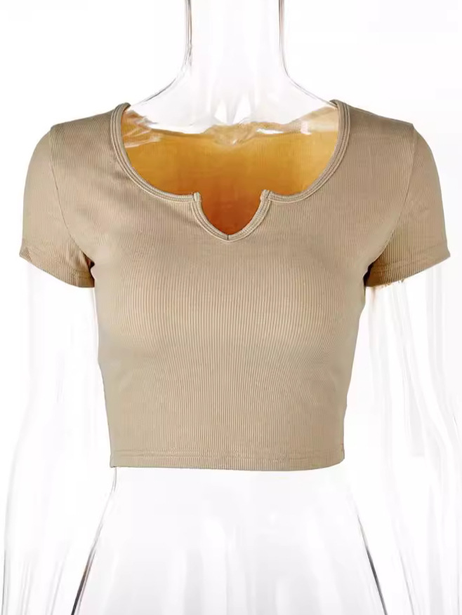 Camiseta de Verano 2025, Estilo Europeo y Americano, Nueva, para Mujer, de Algodón Puro, Acanalada, Ajustada, Corta, con Cuello en V, Manga Corta image 7