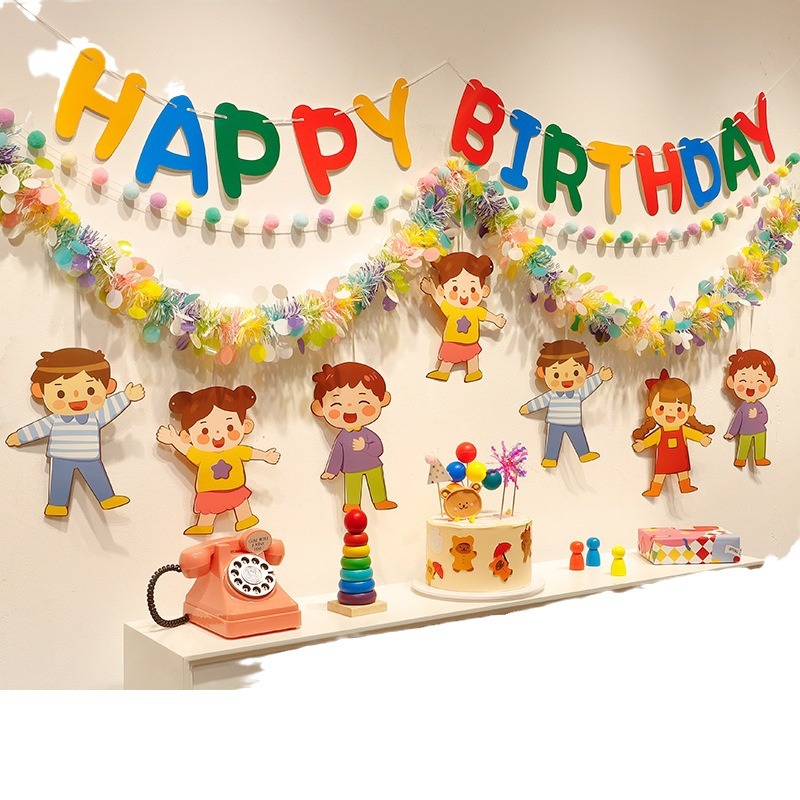 Vrolijke verjaardagsbanners van puffstrips, bloemen en lichtgevende decoraties voor de eerste verjaardag van jongens en meisjes: een feestelijke sfeer._voghion.com