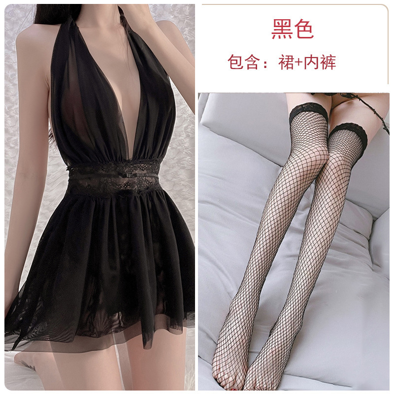 검은색 잠옷 + 팬티 + 검은색 망사스타킹
