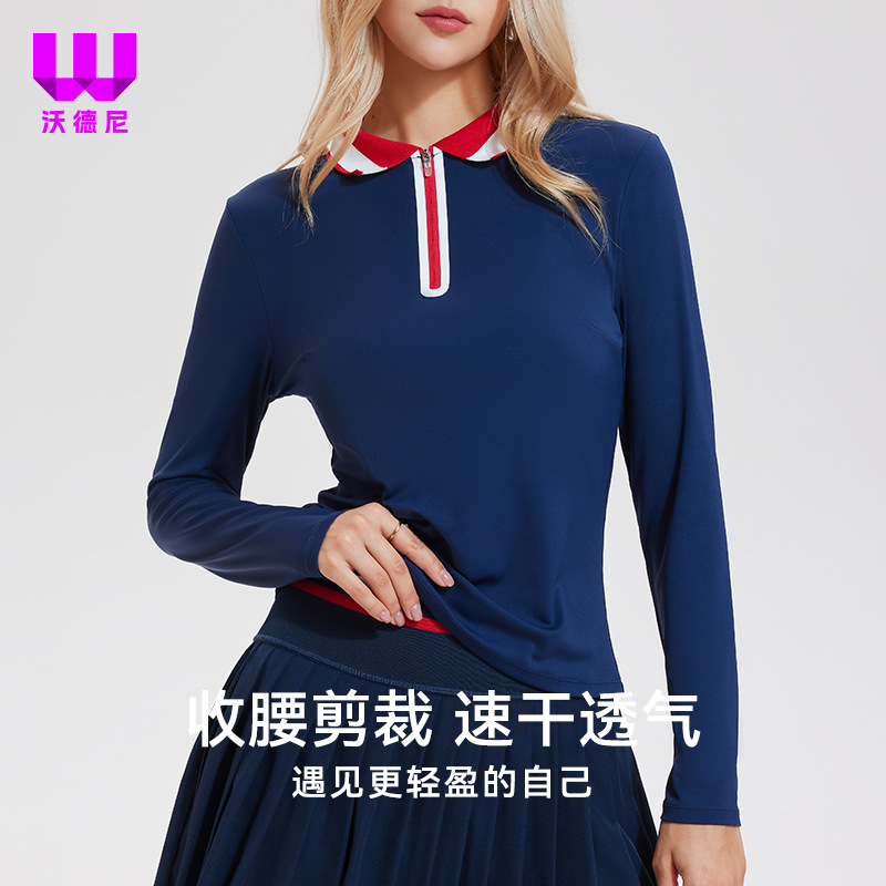 Cross-Border Sports T-Shirt Women's Long-Sleeved Lapel Slim Fit Polo Shirt Slim Fit Tennis Golf Yoga Top