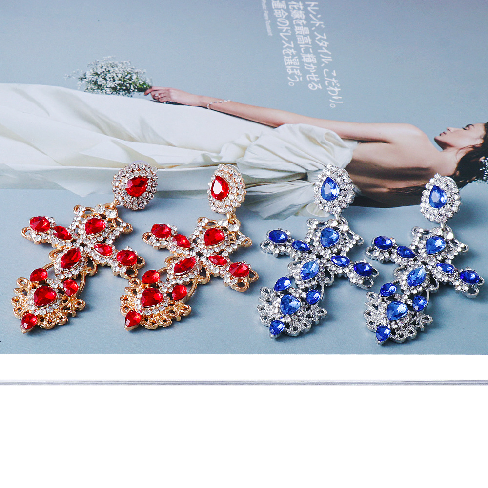 New European And American Cross Earrings Earrings Rhinestone Cross-border display picture 3