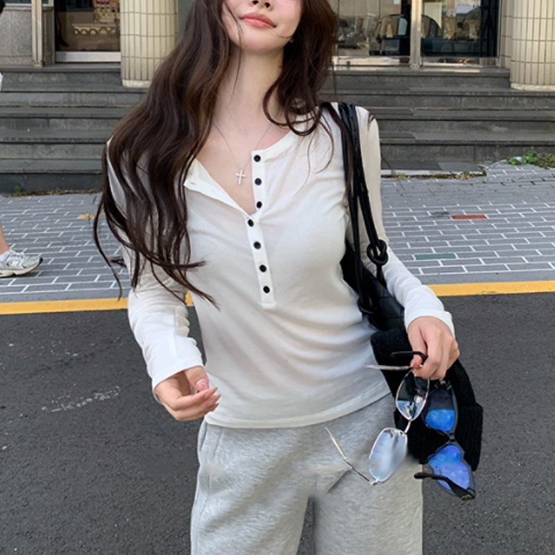 温柔风韩女亨利领chao舒服！撞色扣长袖打底tee上衣 2025秋季新款|undefined