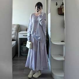 韩系穿搭秋装搭配一整套大码胖mm镂空针织衫半身裙减龄显瘦两件套