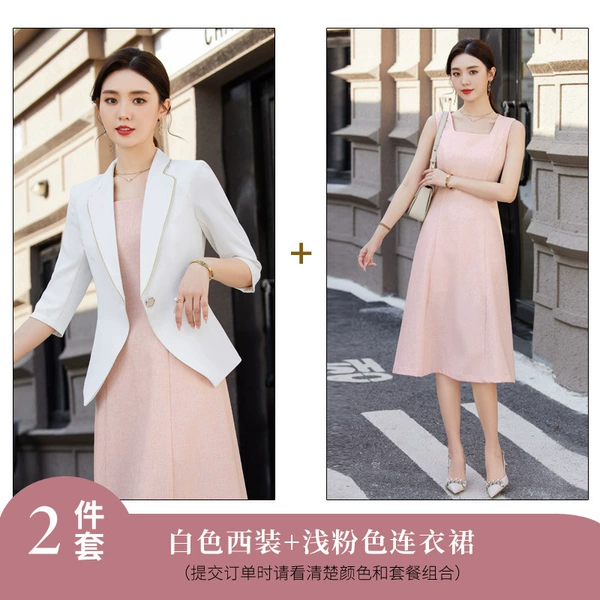 White classic suit jacket, fuchsia dress