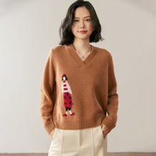 时尚气质减龄提花卡通山羊绒衫女V领短款宽松针织加厚毛衣打底衫