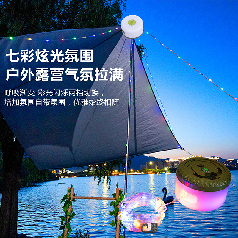 Lámpara de camping al aire libre, lámpara de tamaño enrollado, tienda de campaña, techo impermeable, lámpara de cadena decorativa, carga, lámpara led de suspensión portátil