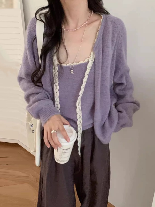 气质软糯蕾丝系带针织吊带开衫套装女2025早秋新款显瘦两件套上衣|undefined