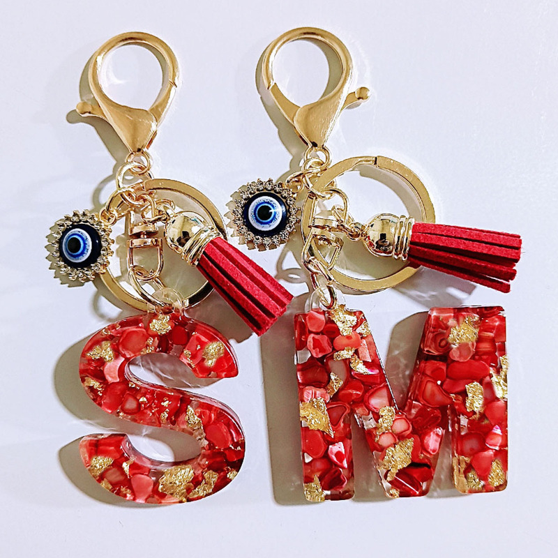Cross-Border Direct Supply Resin Letter Keychain Backpack Pendant Devil's Eye Tassel Pendant Key Chain Fashion Jewelry