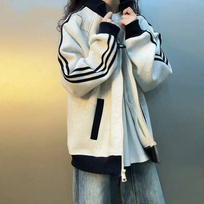 Áo khoác hoodie nữ dáng rộng phong cách bóng chày tay dài phối màu, dài áo 50–65 cm — Màu xanh tím than, Trắng hoa xám