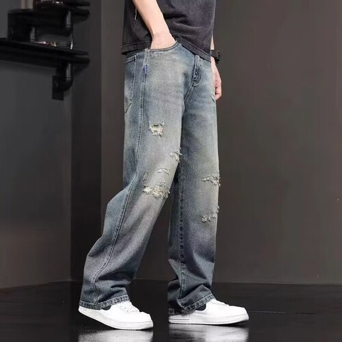 American-style ripped jeans for men, summer new straight-leg loose wide-leg casual pants, washed long pants for men
