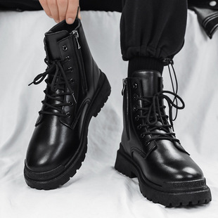 Martin boots men's spring new high-top platform motorcycle overalls boots black leather shoes men's trendy British style boots
