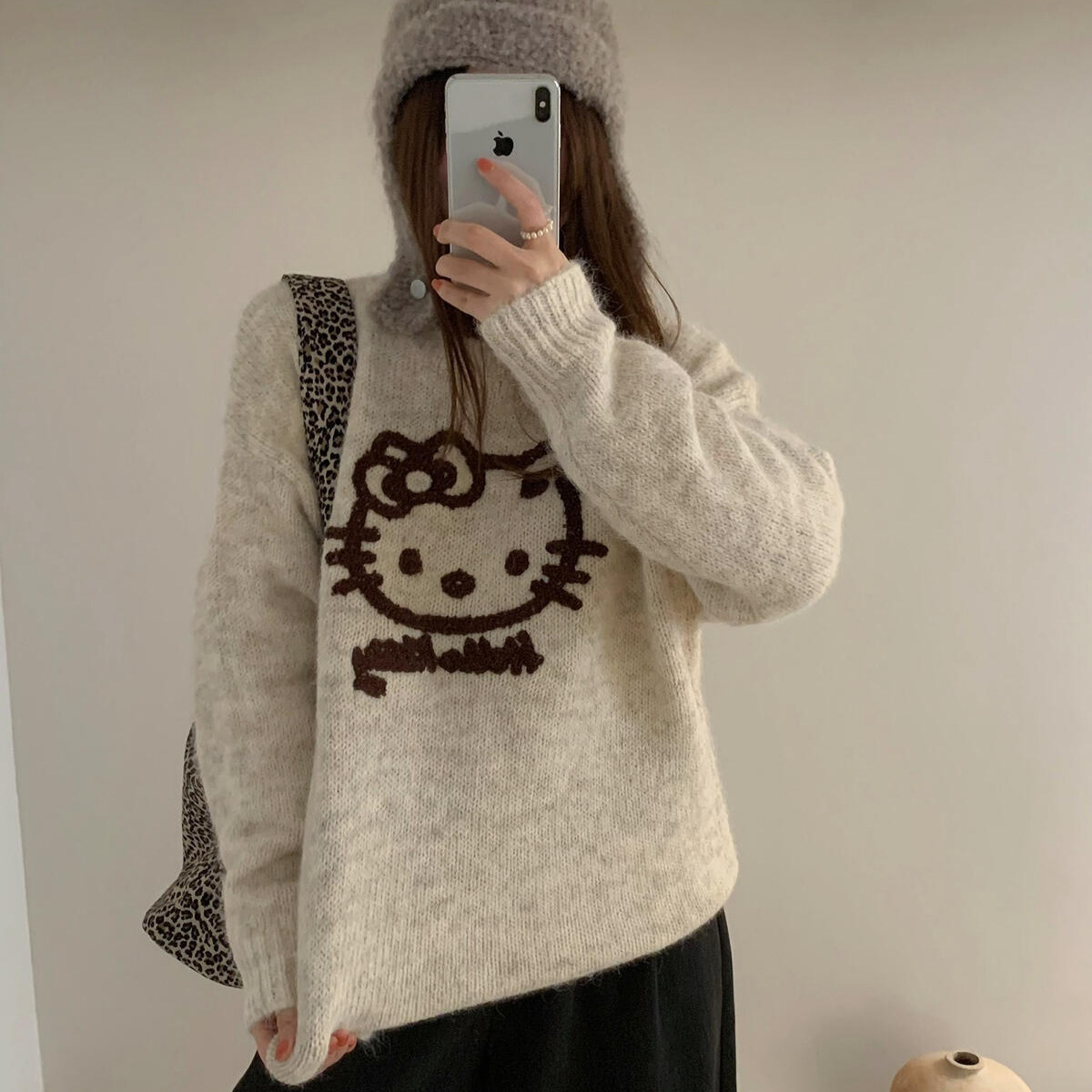 Sheep Wool Kt Cat Lazy and Relaxed Large Version Knitwear Korean Style Imagination Cute Hellokitty Cute Knitwear for Women