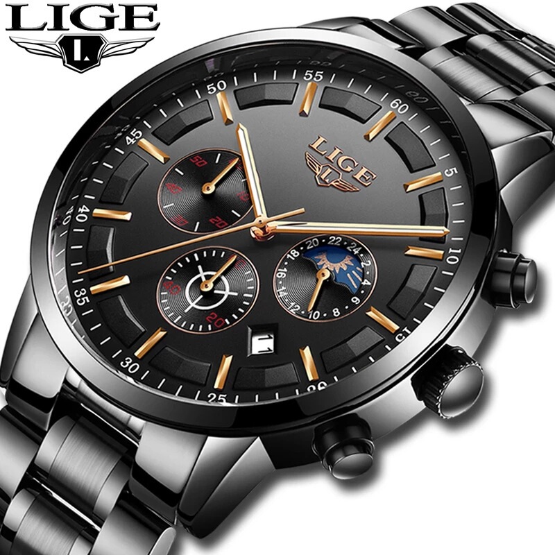 Foreign Trade Lige Men's Personalized Fashion Trendy Casual Waterproof Moon Phase Quartz Watch Business Sports Watch