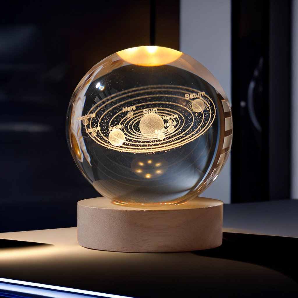 水晶球带灯木底座3D内雕发光小夜灯桌面摆件水晶球定制加工