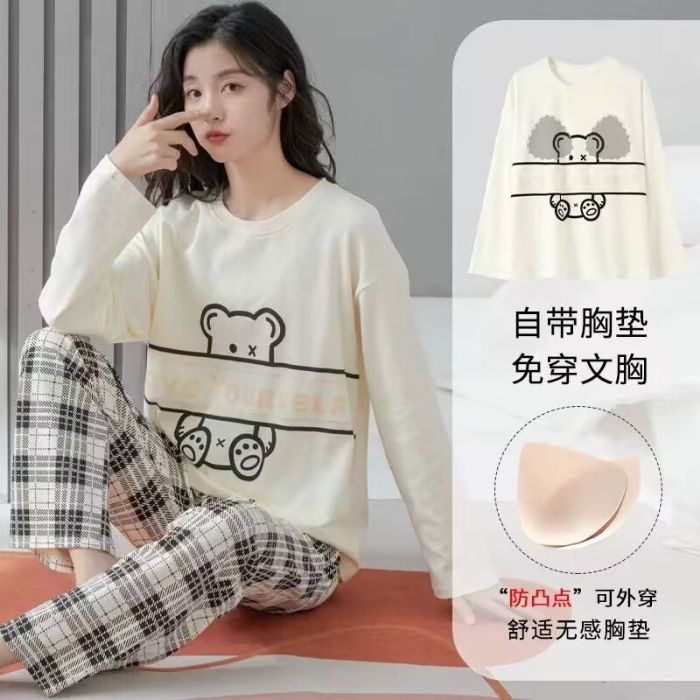 Pijamas al por mayor transfronterizos primavera y otoño dibujos animados hoodie corbata redonda almohadilla de pecho algodón pantalones largos de manga larga ropa para el hogar suelta