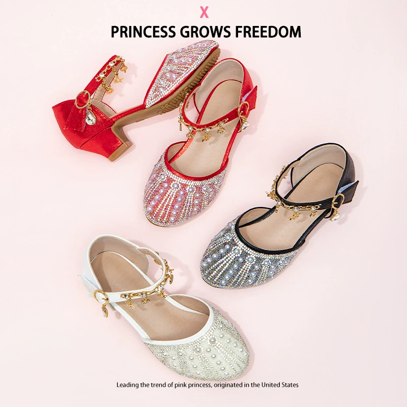 女童珍珠公主鞋2025秋新款儿童中空包头高跟凉鞋小女孩演出礼服鞋