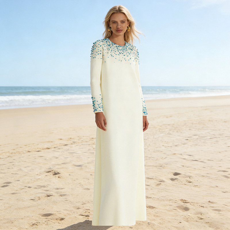 Source Factory 2026 New European and American Designer Fashion Heavy Beading Loose Long Sleeve Dress Gown