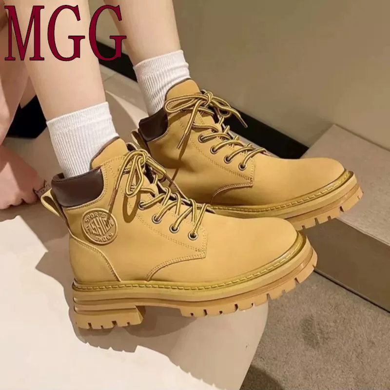 Большие желтые сапоги осенние и зимние новые парные туфли на открытом воздухе дикие толстые подошвы высокие банты Мартин сапоги модные сапоги женские весенние и летние противоскользящие