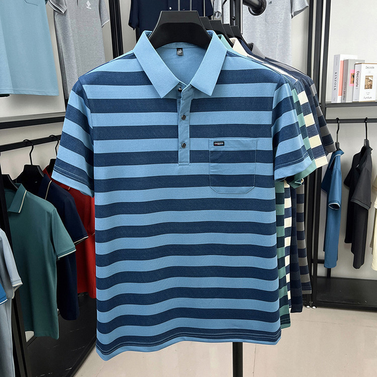夏の新作メンズ半袖Tシャツ中年紳士本物のポケットストライプ半袖ラペルTシャツメンズ外国貿易|undefined