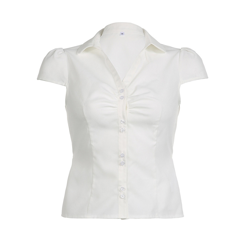 2025 Aliexpress New Summer Women's Small Pleated Casual Buttoned Pure Color Simple Back Strap Short-Sleeved Shirt