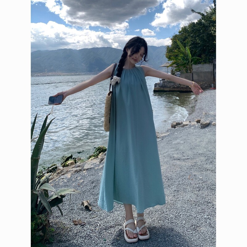 Loose Summer Beach Tank Top New Style Dress with Straps, Mid-Length Vacation Backless Sleeveless Elegant Long Dress