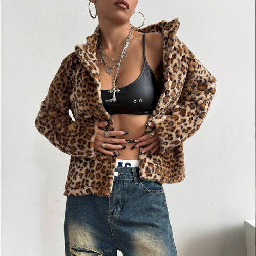 -53658#Women's clothing European and American INS new style buckle lapel thick leopard coat