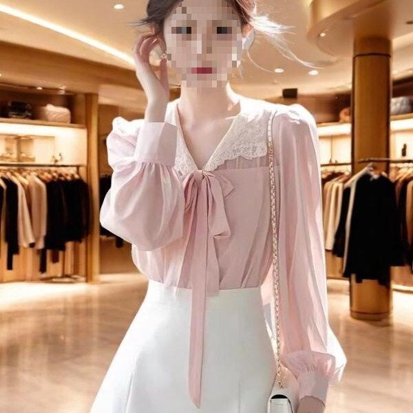 French Bow Chiffon Long-Sleeved Shirt for Women 2025 Summer New Style Lace Pink Top