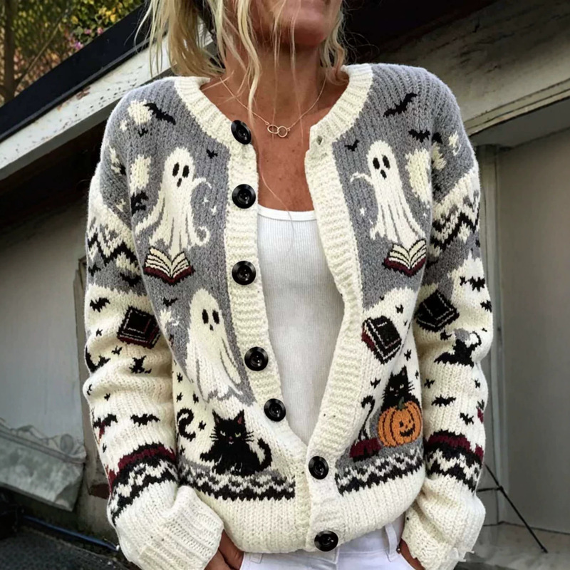 Cross-border Amazon Temu Halloween Cardigan Sweater Digital Print Coat European and American Women's Autumn Winter Long Sleeve Top