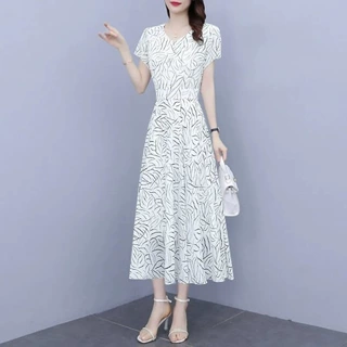 2023新款修身显瘦大码遮肚碎花仙女长裙白色印花雪纺连衣裙女夏装