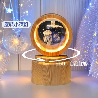 跨境海洋旋转水晶球发光小夜灯床头桌面氛围感摆件生日礼物送女生