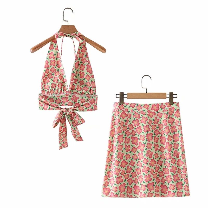 lace-up halter halter top & high-waist four-leaf clover printed skirt set NSAC60355