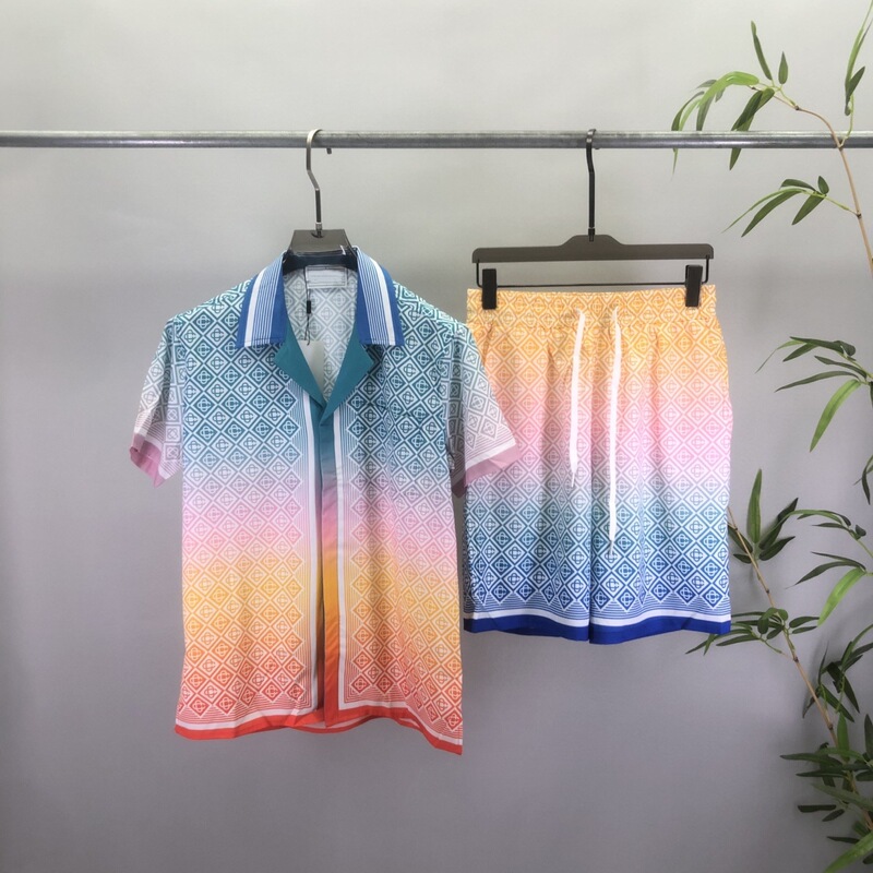 Suit European and American Summer New Ca Short-Sleeved Shirt Men's Cardigan Same Style Rainbow Pattern for Men and Women Cross-Border European Goods