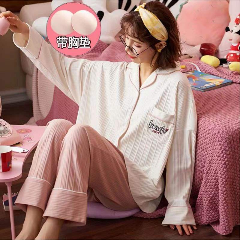 100% pijamas de algodón traje de mujer con almohadilla en el pecho Primavera y otoño pantalones de manga larga dulce simple de dibujos animados prendas de vestir exteriores homewear