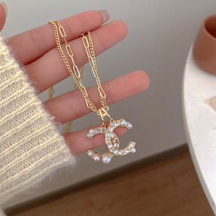 Korean Double C Small Fragrance Pearl Fashion Versatile Necklace Niche Design Women's Double-Layer Snake Bone Chain Necklace Accessories