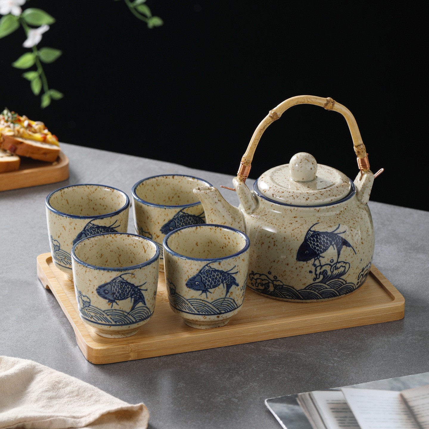 Underglaze Color Ceramic Teapot and Teacup for Home Use with Floral Tea