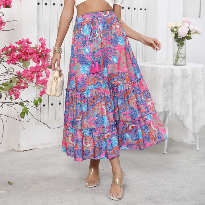 Real Shot Of Cross-border Foreign Trade 2025 Summer New Bohemian Resort Style Printed Flared Skirt For Women_ecoleips.com