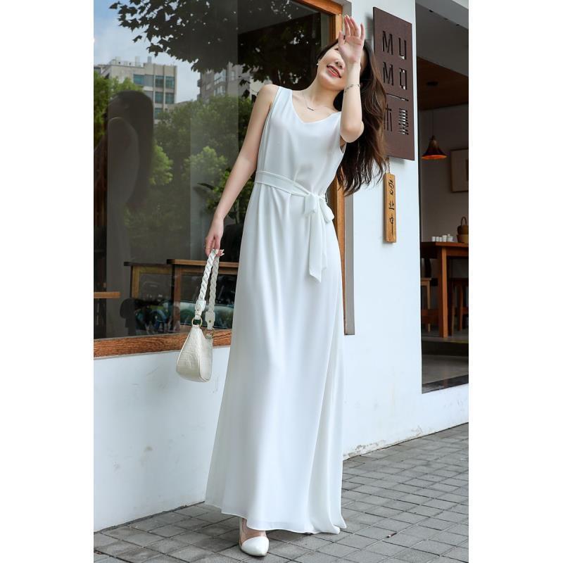 White Chiffon Dress, Summer Plus-Size A-Line Dress for Tall Individuals, Ultra-Long Loose Floor-Length Slip Dress