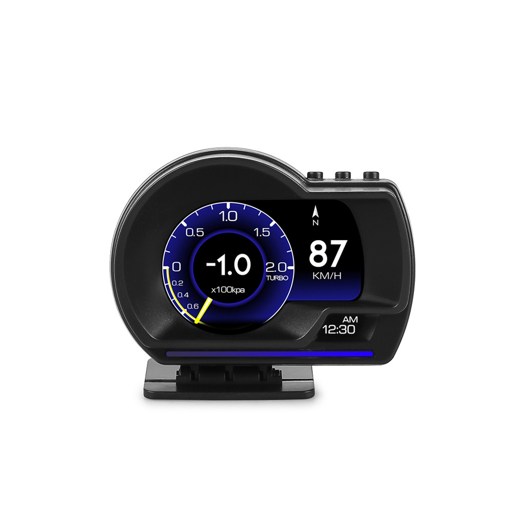 Full LCD screen OBD2 multi-function head-up display with water temperature, exhaust temperature, turbo intake speed, oil temperature, speedometer, and GPS