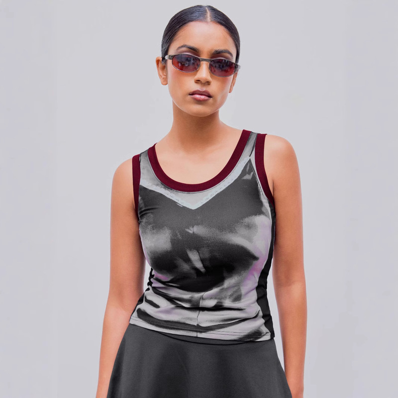 Summer European and American Cross-border Street Spice Girl Sleeveless Short Color Contrast Slim-fit Abstract Printed Design Sense Lace T-shirt