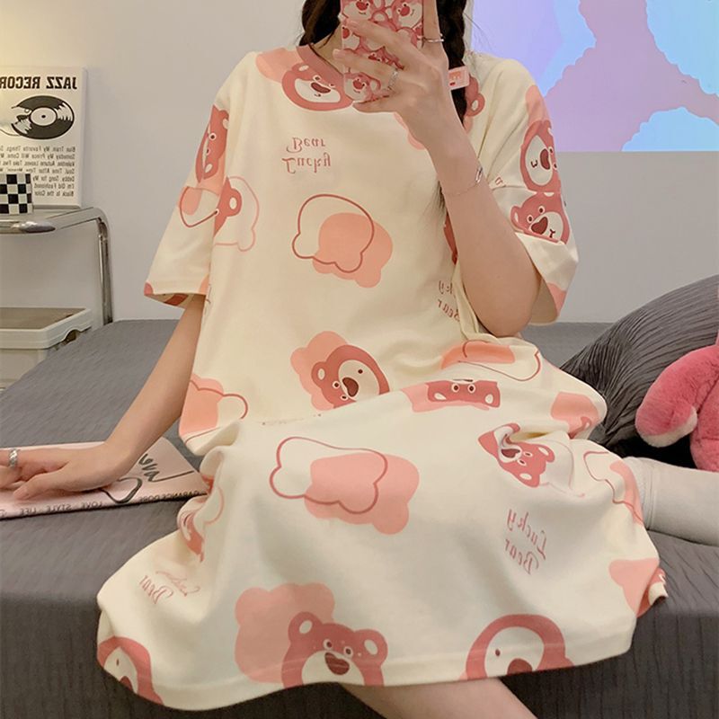 Puning Cheap Nightgown Foreign Trade Women's Summer Short-sleeved Mid-length Cartoon Sweet Loose dress Girl's Home Clothes
