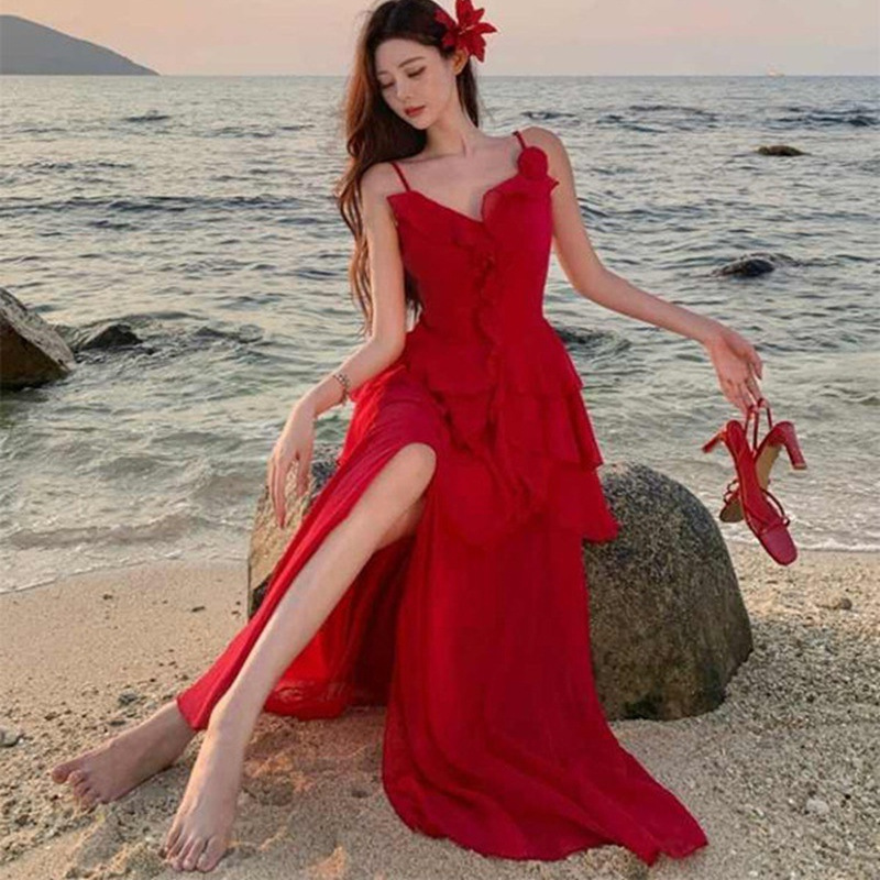 French-Style Stunningly Beautiful Irregular Ruffled Red Suspender Dress for Women, Summer Seaside Vacation Vibe, Elegant Long Dress