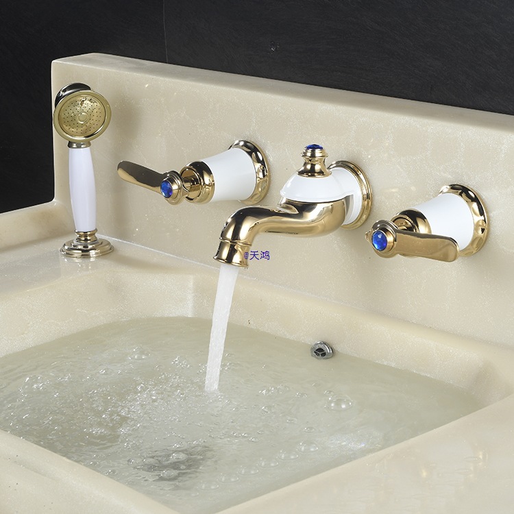 铜芯双盆四件套水龙头浴室柜墙式分体抽拉冷热开关三孔洗脸盆龙头