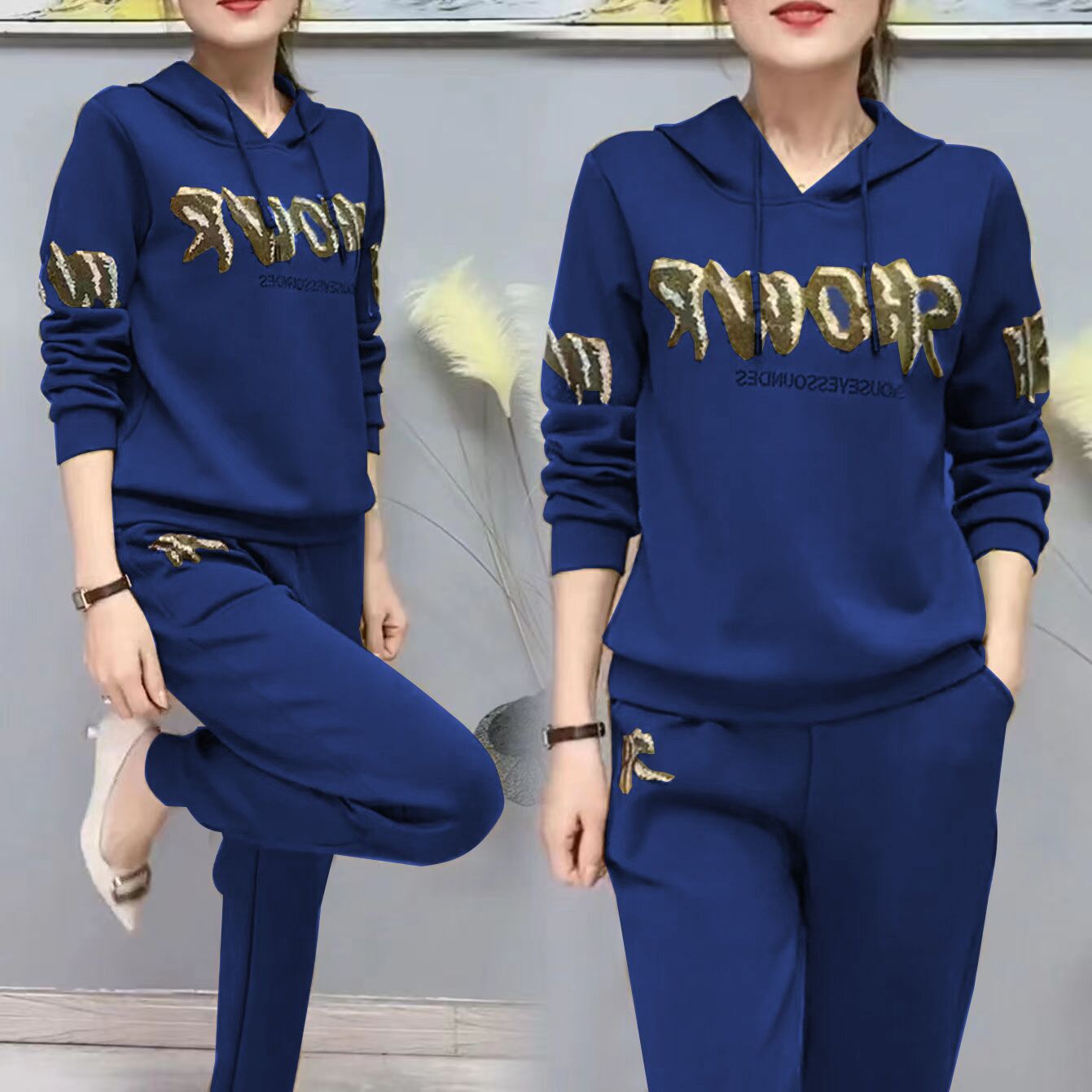 Conjunto moderno de moletom com capuz e calça jogger para mulheres – Confortável e estiloso (Preto/Azul-marinho/Amarelo)_voghion.com