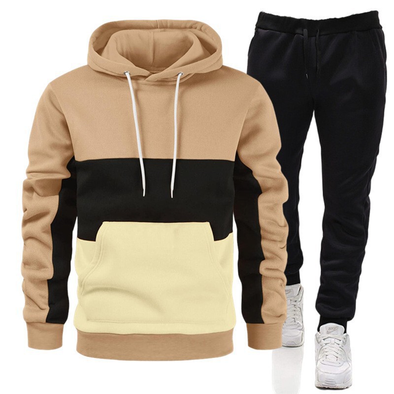 Cross-Border Men's color matching hoodie sweater autumn and winter fleece-lined warm hoodie pullover sweatshirt factory wholesale