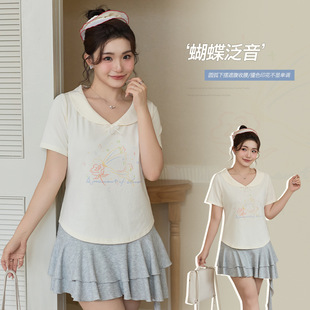 Original Korean Style Right Shoulder Elegant Lapel Contrasting Printed Short-Sleeved Top Slim Fit Fat mm Large Size T-Shirt 65447