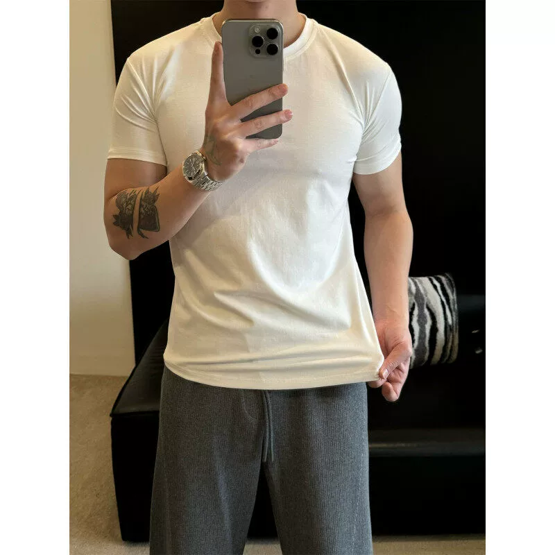 Летняя европейская и американская модная мужская облегающая футболка с зауженными рукавами и круглым вырезом с короткими рукавами, одежда для фитнеса для крепких парней, эластичная базовая рубашка, стильная