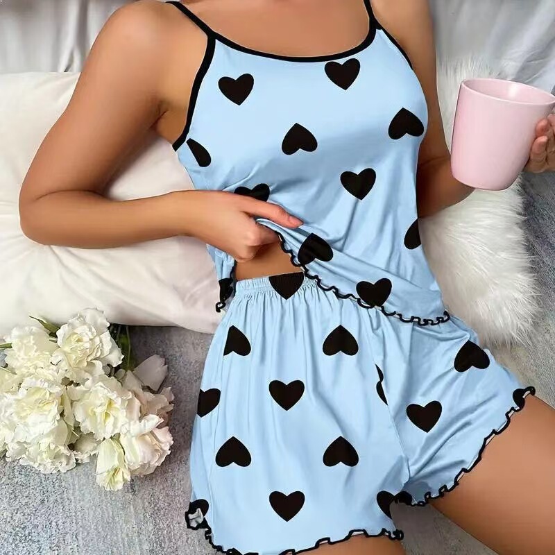 European and American style heart-shaped leopard print pajamas, camisole, elastic waistband shorts, women's home wear set wholesale European and American style heart-shaped leopard print pajamas, camisole, elastic waistband shorts, women's home wear set wholesale